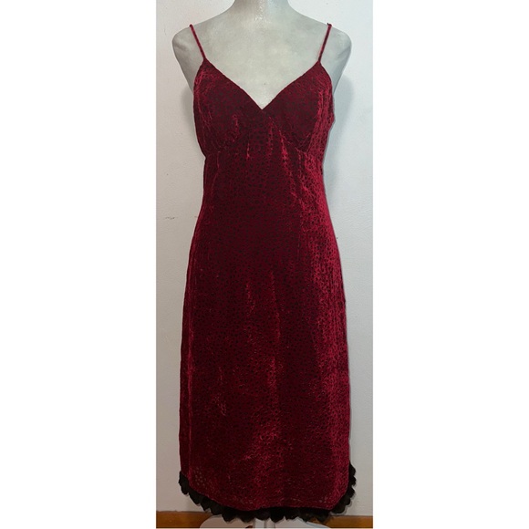 Vintage 90s Nicole Miller Red Burnout Velvet Dress w/ Fur Trim - Picture 6 of 15